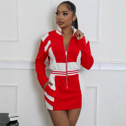 New Popular trade new contrasting colors casual fashion sports style stand-up collar zipper long sleeve waist short skirt dress