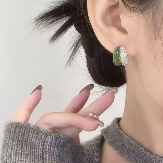 Green drop glaze zircon stud earrings women's popular new popular fashion temperament versatile earrings light luxury high-end earrings