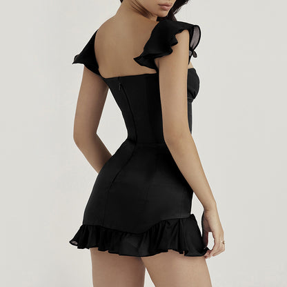 2025 style fashionable and sexy backless ruffle edge short skirt one-word collar low-cut suspender dress autumn new models