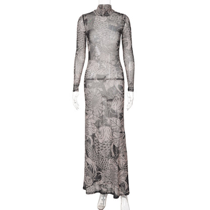 New women's clothing  autumn new fashion mesh printing perspective turtleneck slim and thin dress women