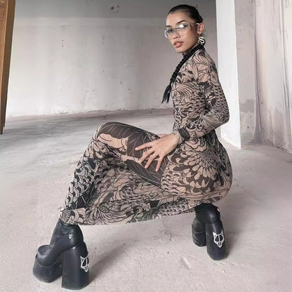 New women's clothing  autumn new fashion mesh printing perspective turtleneck slim and thin dress women