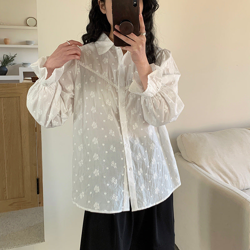 [Customized] Shirt Girl  Spring New Heavy Industry Embroidery Flower White Pure Cotton Medium and Long Commuter Shirt