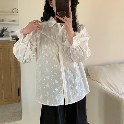 [Customized] Shirt Girl  Spring New Heavy Industry Embroidery Flower White Pure Cotton Medium and Long Commuter Shirt