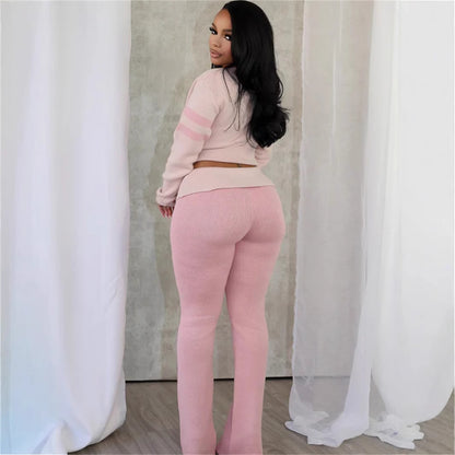 new New Popular trade color contrast fashion versatile V-neck solid color knitted casual long-sleeved top trousers set