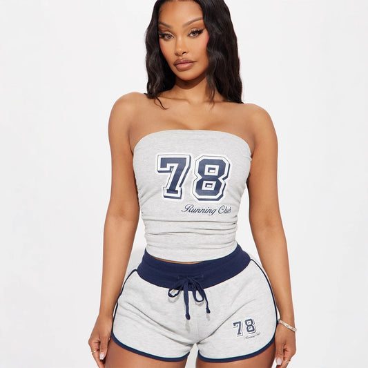 summer  New casual n digital printed tube top waist-length lace-up shorts set