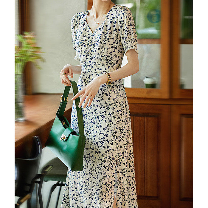 2025 Silk skin-friendly skirt bubble sleeve split-ended dress summer mulberry silk lining  floral tea break skirt