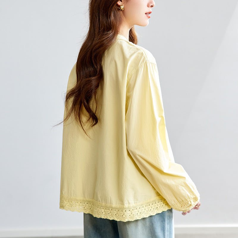 [Customized] Goose yellow shirt women's long sleeves  summer new lace lace loose and thin shirt women