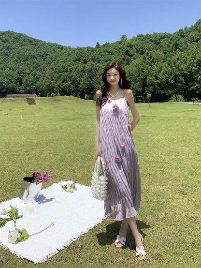 2025 Forest fairy purple niche suspender dress three-dimensional flower high-end romantic pleated holiday style dress summer