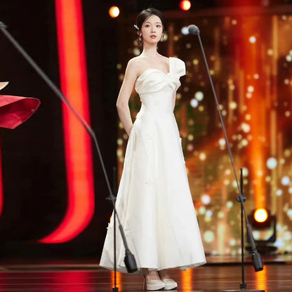 2025 light evening dress female niche light luxury high sense white bar mitzvah banquet host birthday tube top engagement