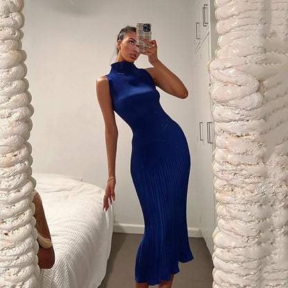 2025 popular ruffle leaf edge round neck dress is hot in autumn, fashionable and sexy sleeveless waist pit strip long dress women