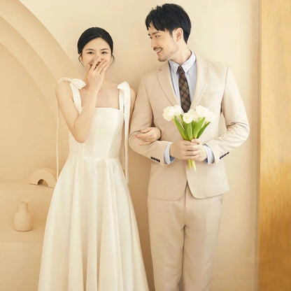 2025 light wedding dress bride simple  new satin suspender out of the house Sayori collar certificate engagement dress dress