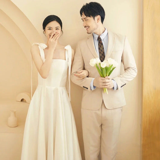 2025 light wedding dress bride simple  new satin suspender out of the house Sayori collar certificate engagement dress dress