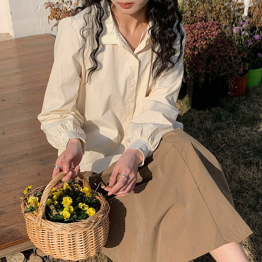 [Customized] Shirt Women's  Spring New Cotton  Apricot Lace Collar Long Sleeve Shirt