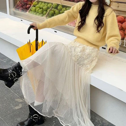 2025 Spring Temperament Muse Fan Gentle Wear Small Fragrant Style Yellow Sweater  Mesh Dress Suit Women