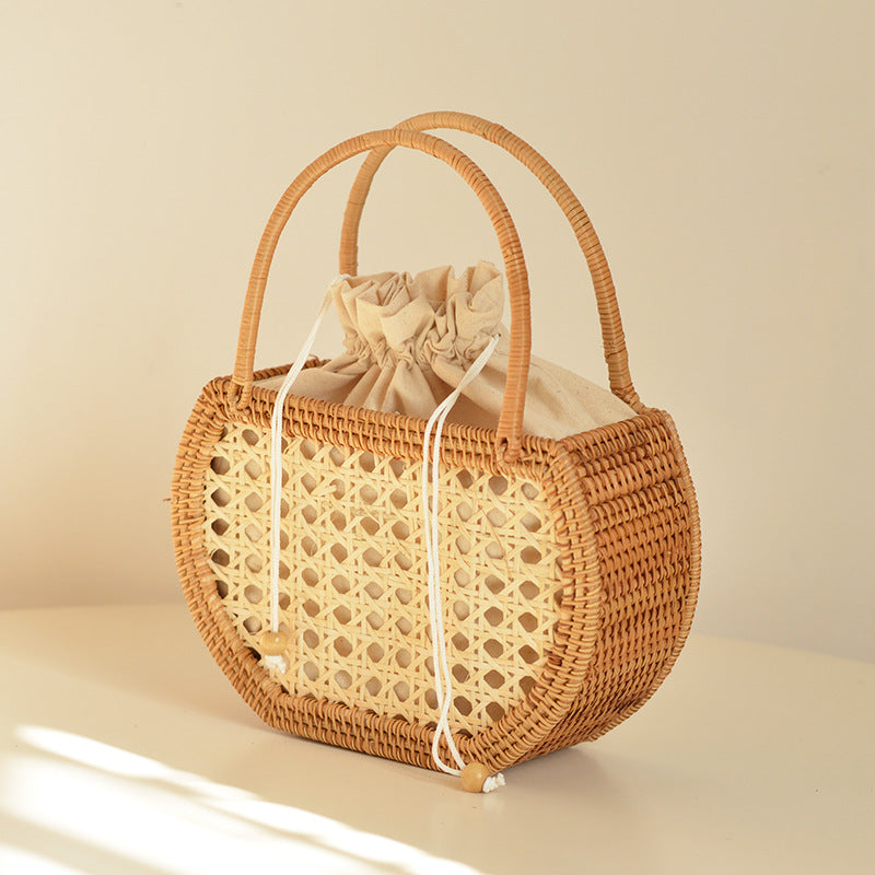XIANGTUIBAO Vacation Style Handmade Pastoral Style Cabas Storage Picnic Travel Baskets Hand-Woven Rattan Handbag