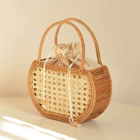 XIANGTUIBAO Vacation Style Handmade Pastoral Style Cabas Storage Picnic Travel Baskets Hand-Woven Rattan Handbag