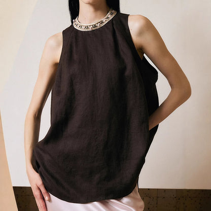 2025 Design Sense Loose Pattern Handmade Beaded Linen Sleeveless Shirt Top Women's  Summer