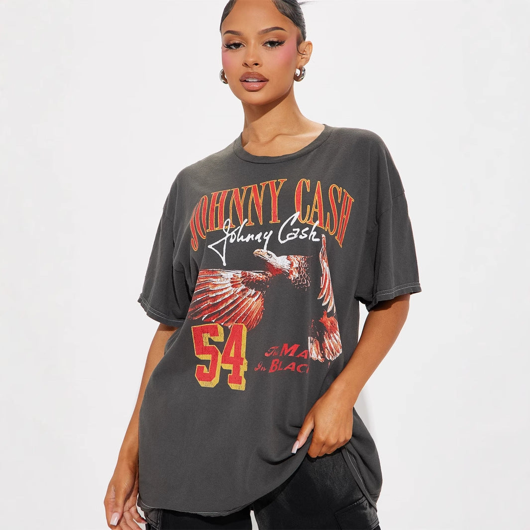 new New Popular trade trend fashion street printing loose casual contrasting color V-neck short-sleeved top T-shirt women