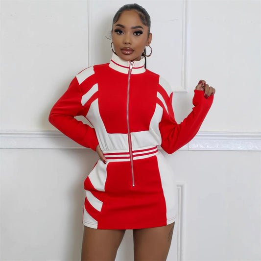 New Popular trade new contrasting colors casual fashion sports style stand-up collar zipper long sleeve waist short skirt dress