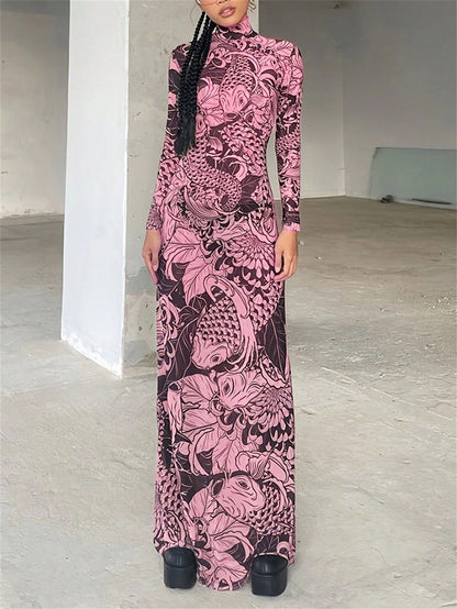 New women's clothing  autumn new fashion mesh printing perspective turtleneck slim and thin dress women
