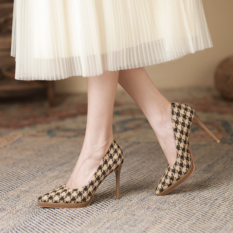 2025 1088-8 thousand bird grid pointed stiletto high heels women's 2025 new 2025 suede super high heels 11CM