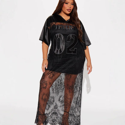 New New  fashion loose V-neck hollow lace splicing casual loose short-sleeved long dress dress women