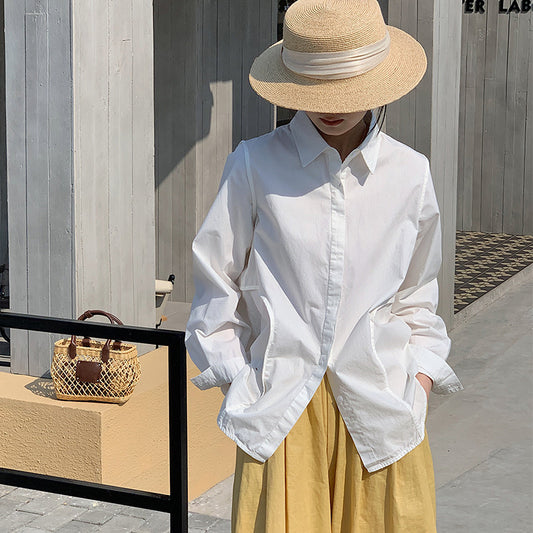 [Customized] Shirt girl  spring new high-count pure cotton classic blue and white stripes medium and long commuter workplace