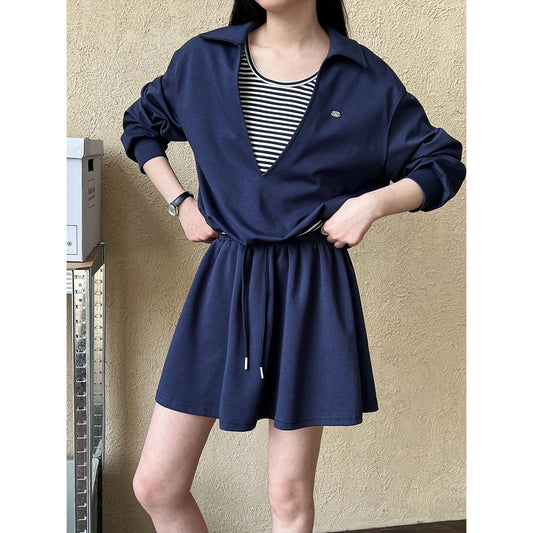 Luxi, Korean age-reducing suit for women's spring new fake two-piece sweater + elastic skirt two-piece set 2884