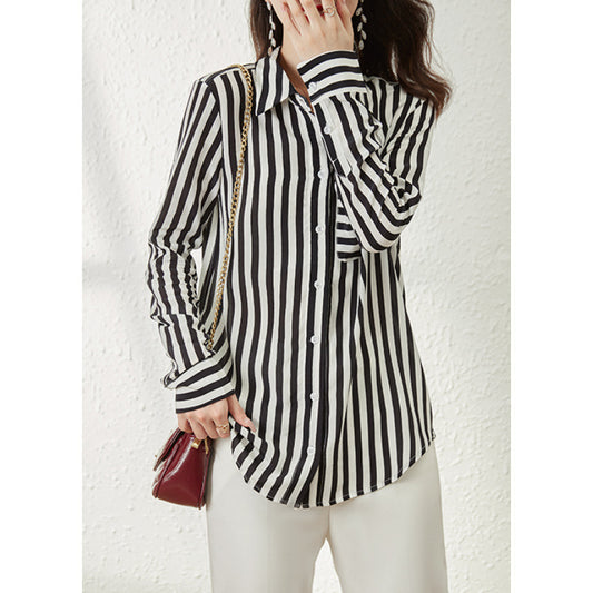 2025 Striped silk shirt women, summer  new long-sleeved shirt design sense niche high-end, mulberry silk top