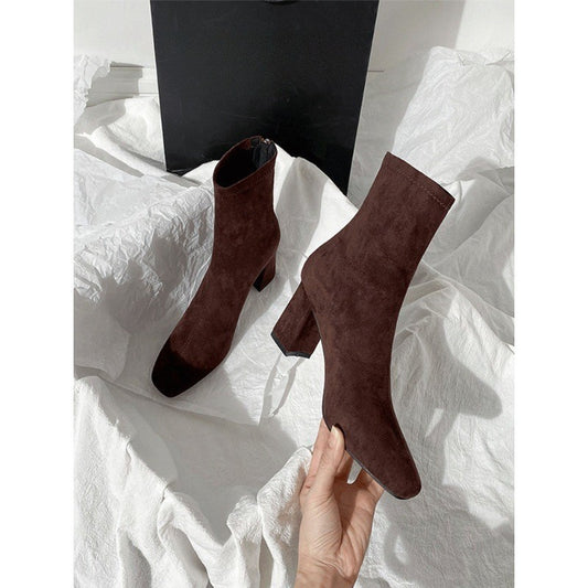 2025  Brown short boots women's high heels autumn and winter new suede rear zipper  small ankle boots thick heel elastic square head thin boots