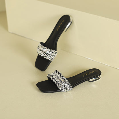 2025 268-1  beautiful rhinestone slippers female summer wear one word square head flat bottom cool slippers female Internet celebrity skirt