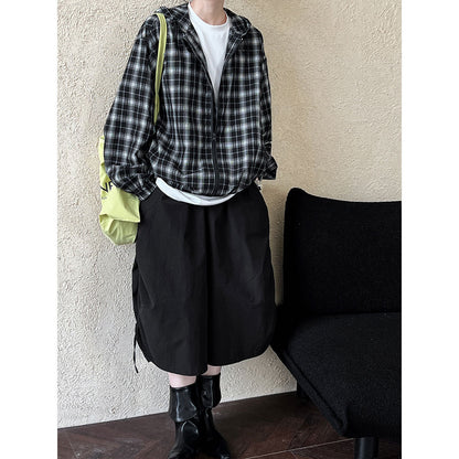 Luxi, retro contrasting color plaid jacket women's popular autumn new long-sleeved loose drawstring hooded top 3990