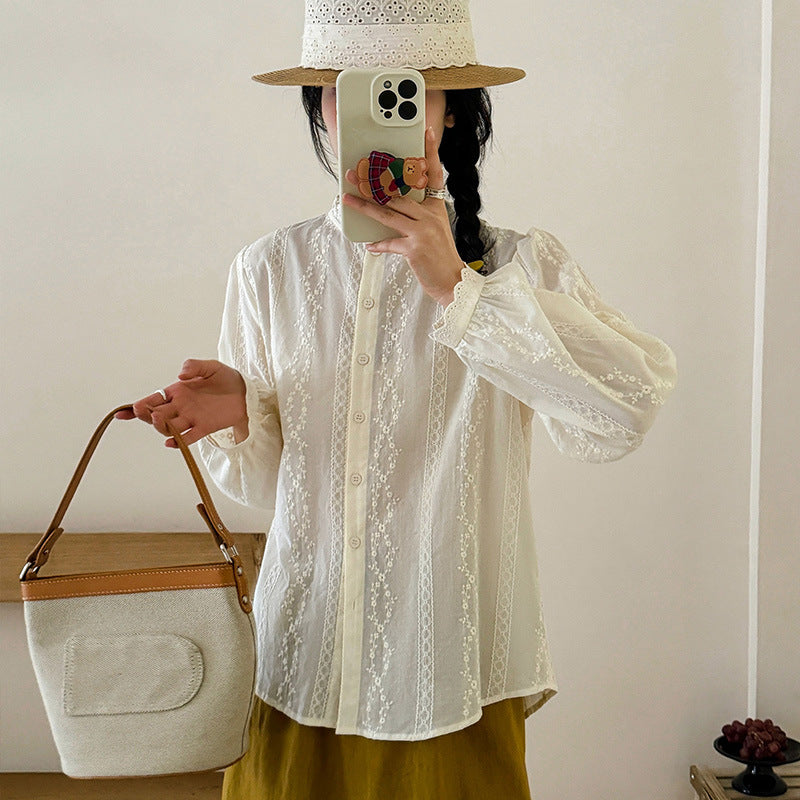 [Customized]  fungus edge pure cotton shirt women's  spring clothing new niche design high sense