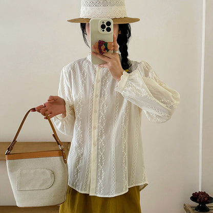 [Customized]  fungus edge pure cotton shirt women's  spring clothing new niche design high sense