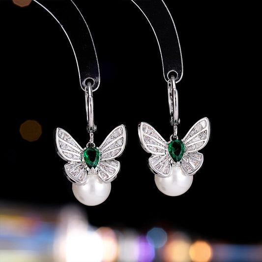 2025 fashion light luxury retro earrings slightly inlaid zircon personality versatile high-end earrings female butterfly pearl ear buckle