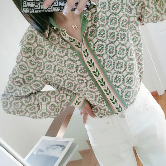 2025 Dark green gold buckle chain printing heavy silk shirt women's long-sleeved mulberry silk shirt  summer new women's clothing