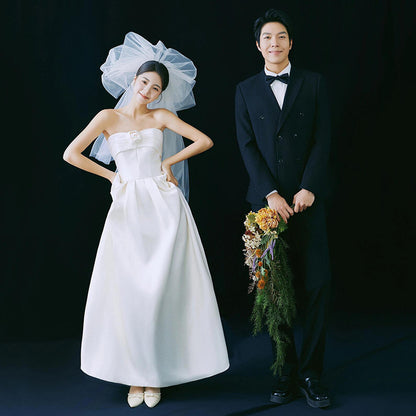 2025 satin light wedding dress bride simple niche high-end sense tube top Mori go out gauzy white dress skirt