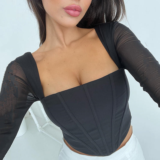 2025 eBay hot-selling  summer Spice Girls new square collar solid color T-shirt backless long-sleeved zipper top women