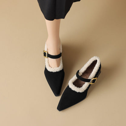 2025  retro fluffy shoes women's autumn and winter one-word with pointed thick heels single shoes velvet Mary Jane high heels