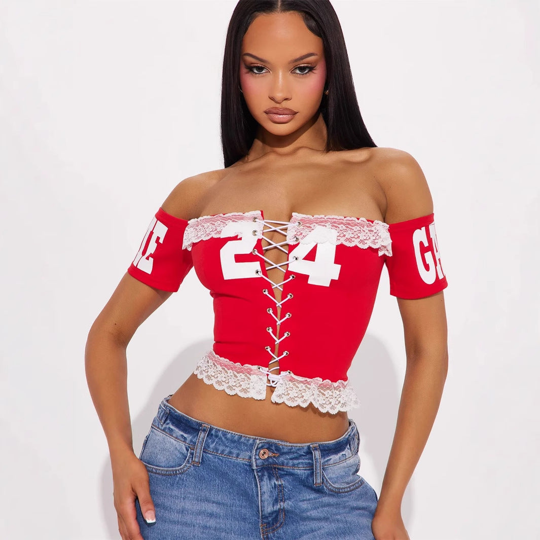 summer new New  slim-fit printed street sexy babes lace-up halter vest top