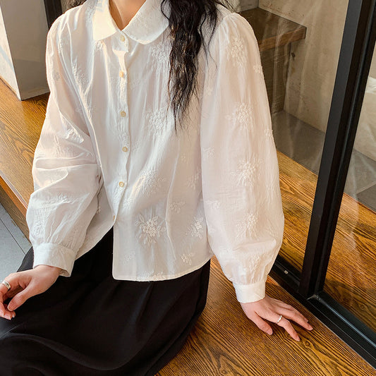 [Customized] Shirt women's  spring clothing new pure cotton lapel embroidered top sweet and loose young age reduction