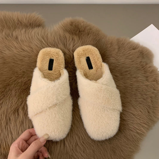 2025  Flat-bottomed bag head half slippers women's shoes wear popular new autumn and winter one-pedal half-support single shoes Mao Mao shoes