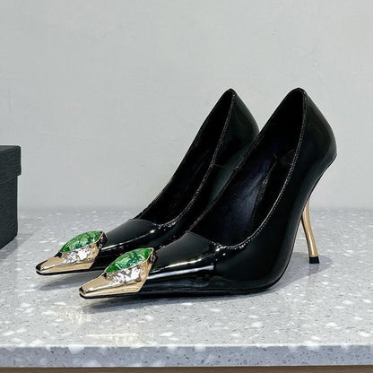 2025  Poplar forest same style royal sister high heels women's thin heels 2025 early spring metal small square head sexy gemstone beautiful single shoes