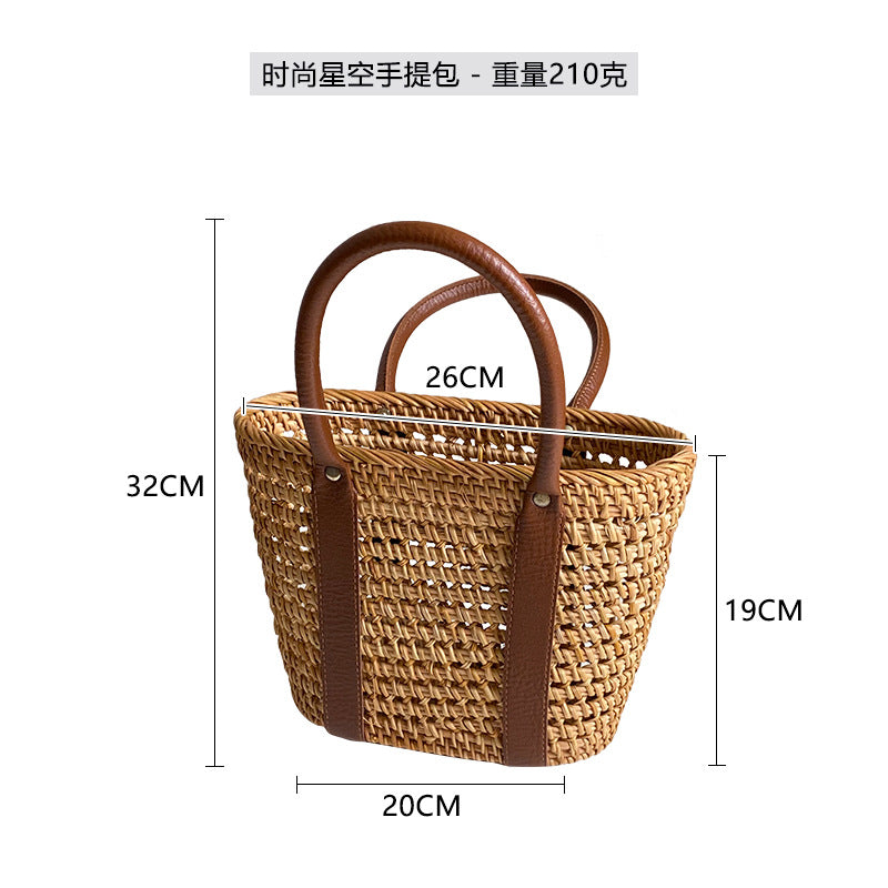 XIANGTUIBAO Vacation Style Handmade Pastoral Style Cabas Storage Picnic Travel Baskets Hand-Woven Rattan Handbag