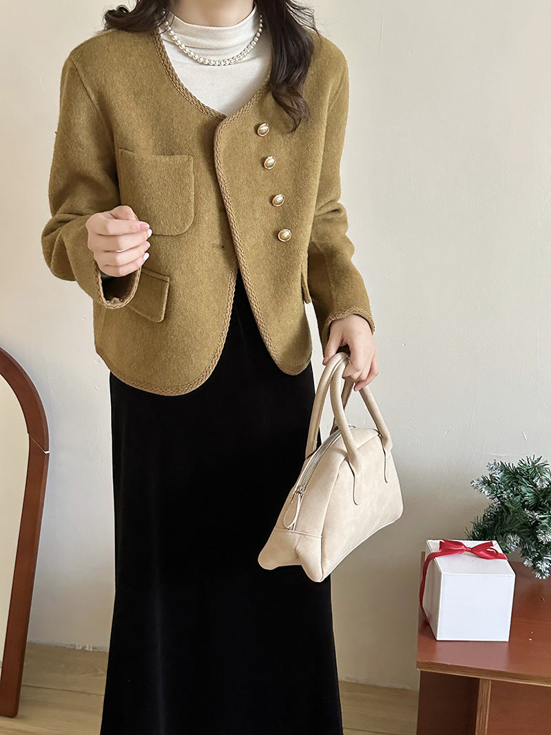 2025 Xiaoxiangfeng button decoration Maillard asymmetrical double-sided wool outer coat versatile temperament woolen coat new