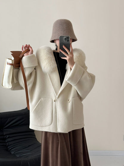 2025 Fox fur hooded large pocket double-breasted removable double-sided wool coat medium and long woolen coat women's autumn and winter