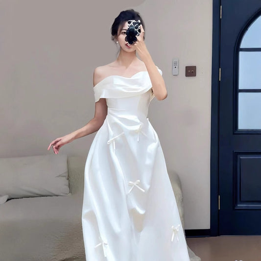 2025 satin light wedding dress bride engagement certificate registration one-word shoulder dress simple daily bow small white dress