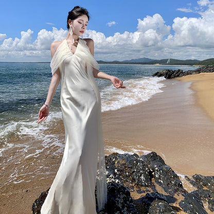 2025 Morning robe female high-end bridal wedding niche light wedding dress long skirt  neck dress fairy dress