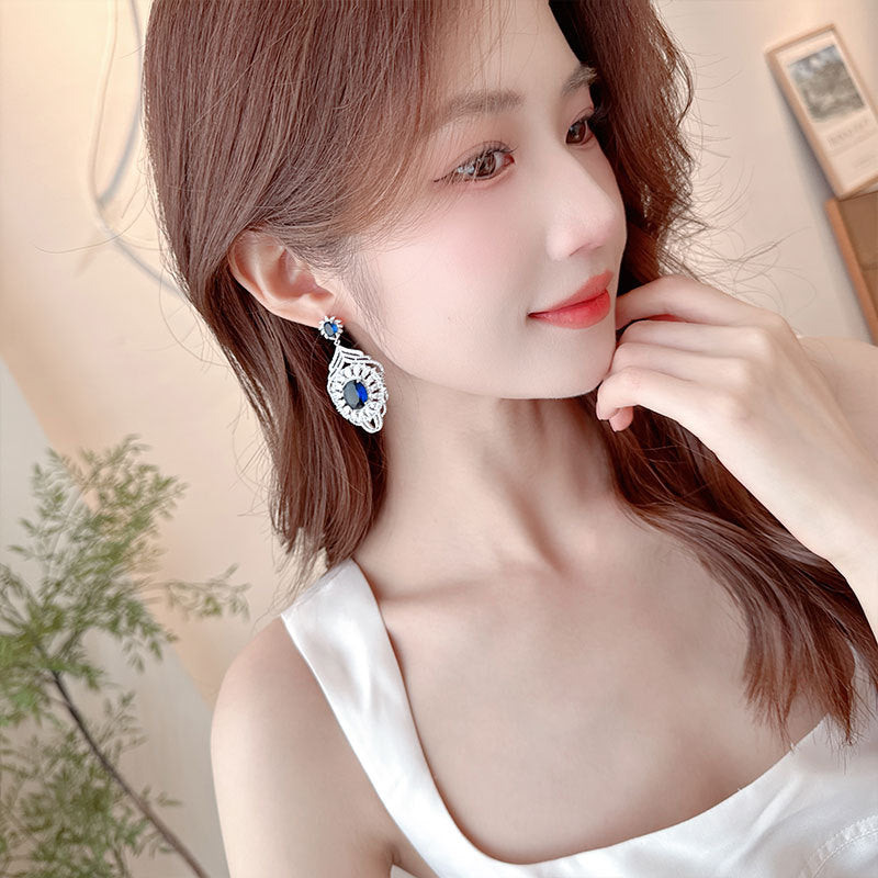 2025 luxury retro court style exaggerated long zircon stud earrings elegant silver needle bridal dress ear jewelry