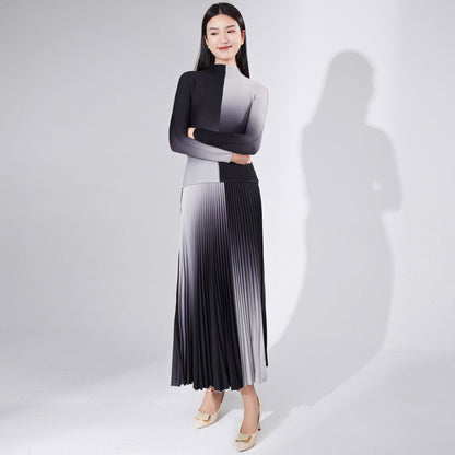2025 suit women's fashion high-end women's clothing Popular style gradual change long-sleeved T-shirt bottoming shirt drape pleated skirt two-piece set